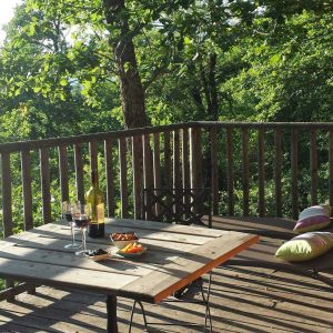 Cabane perchée en bois avec terrasse, vue sur la nature et apéritif ensoleillé.