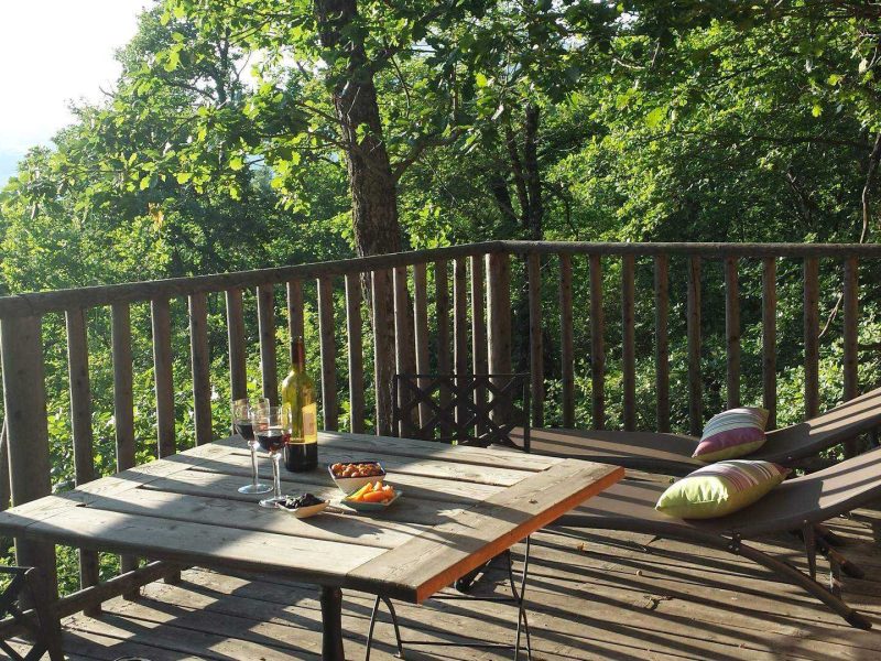 Chalet en bois avec terrasse, vue sur la nature, table et chaises confortables.
