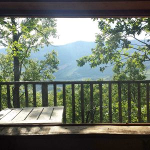 Cabane perchée en bois avec vue panoramique sur les montagnes verdoyantes.