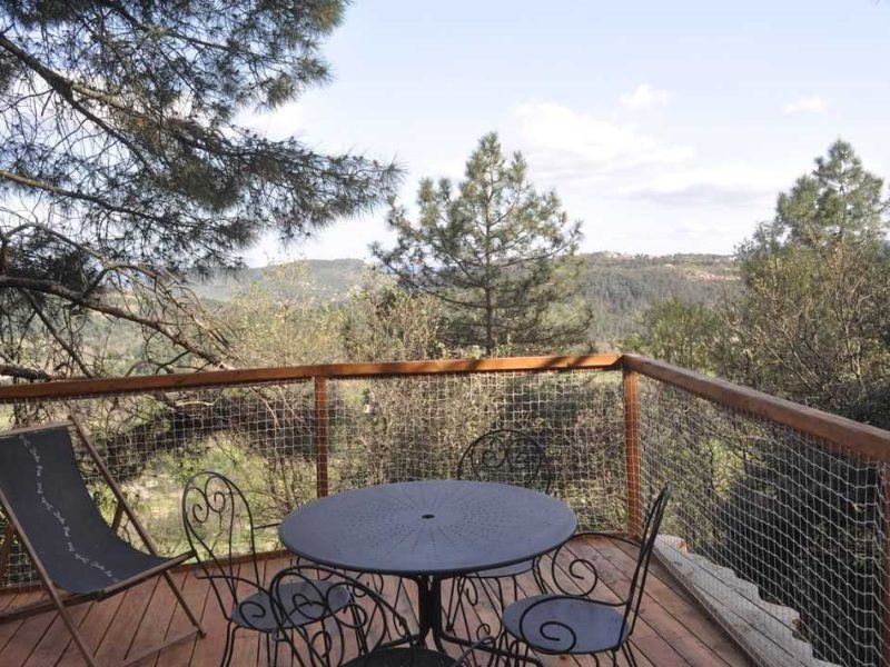 Chalet en bois avec terrasse, vue panoramique sur la forêt environnante.