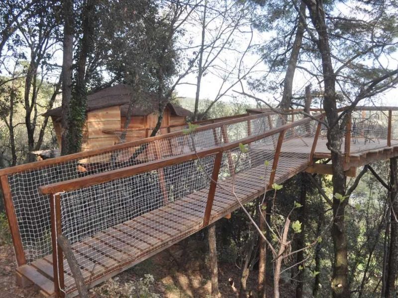 Cabane dans les arbres avec passerelle en bois, entourée de verdure.