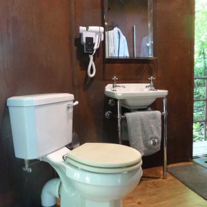 Salle de bain dun hébergement insolite en Aquitaine, avec toilettes modernes et lavabo.