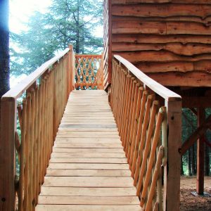 Cabane perchée en bois avec un ponton en bois menant à lentrée.