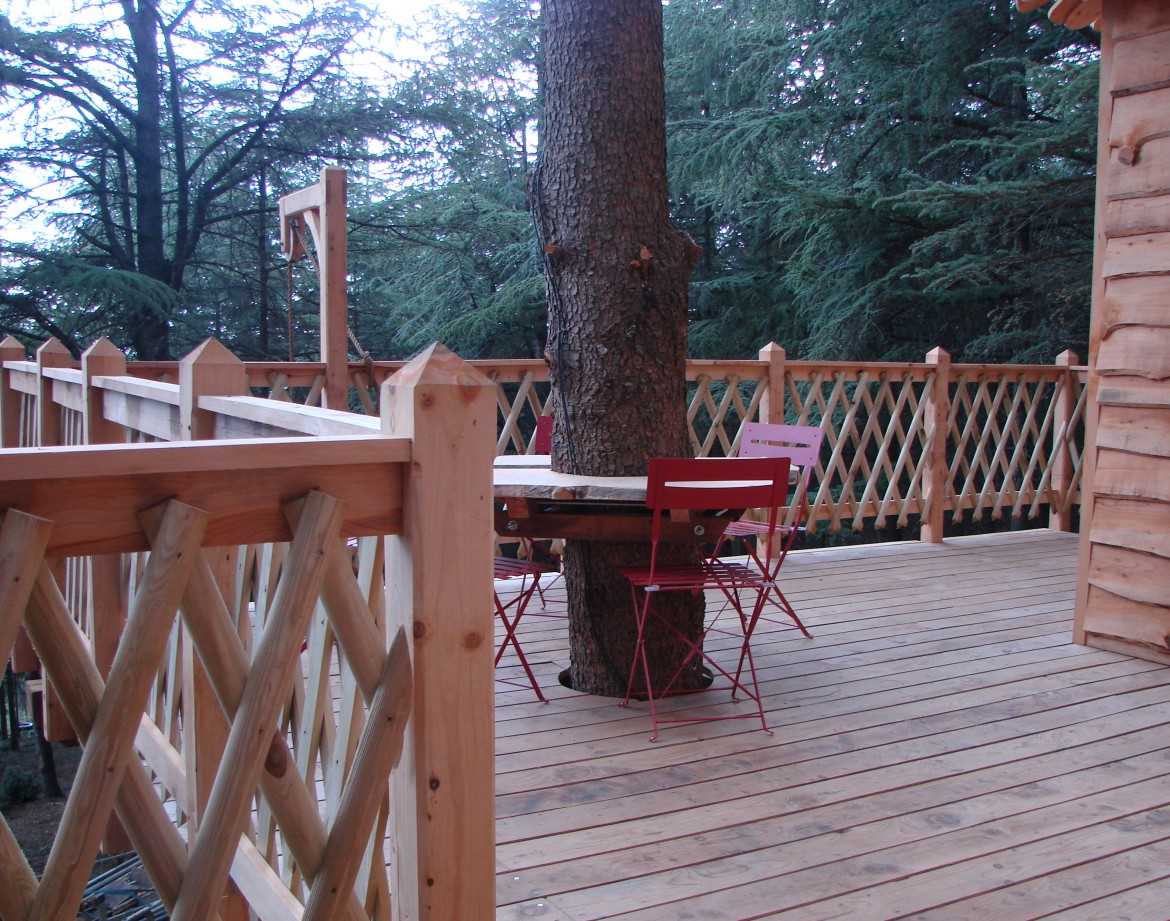 Cabane dans les arbres en Languedoc-Roussillon avec terrasse en bois et arbre central.