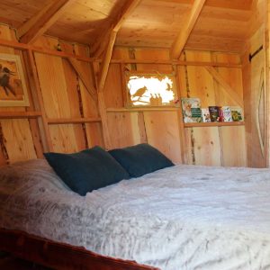 Cabane en bois chaleureuse avec un lit douillet et des murs en bois clair.