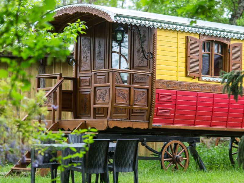 Charmante roulotte colorée avec terrasse en bois, entourée de verdure.