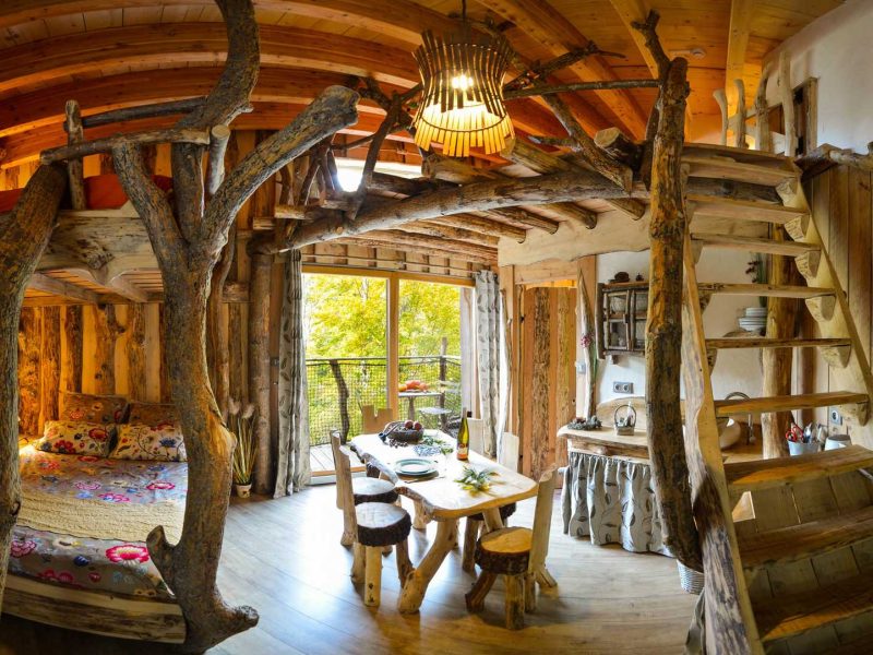 Chalet en bois avec mezzanine, décor rustique et vue sur la nature.