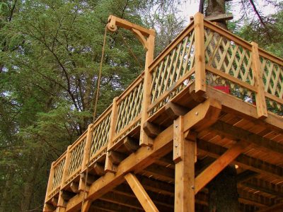 Cabane perchée en bois dans les arbres, entourée de verdure luxuriante.