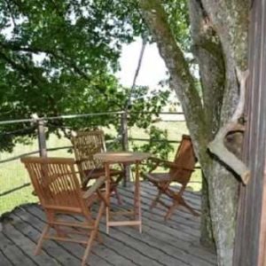 Cabane dans les arbres avec terrasse en bois, entourée de verdure.