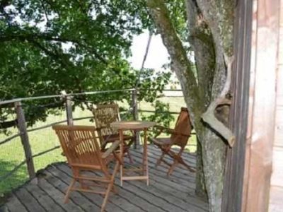 Cabane dans les arbres avec terrasse en bois, entourée de verdure.