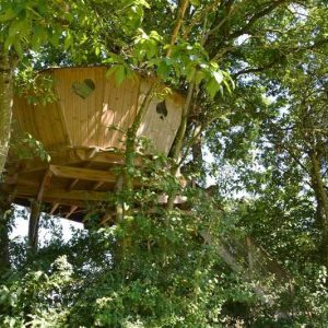 Cabane perchée dans les arbres, avec un cœur découpé dans le bois, entourée de verdure.