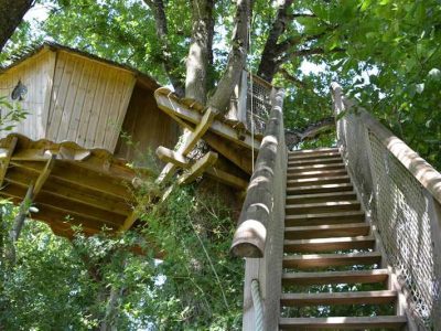 Cabane dans les arbres à Pays de la Loire, perchée entre les feuillages verdoyants.