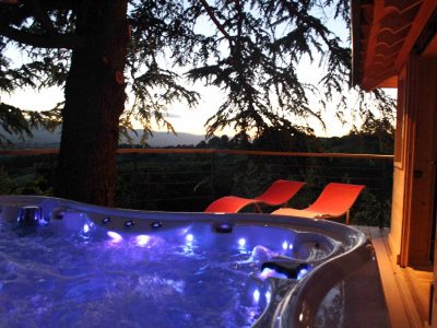 Hébergement insolite en Auvergne-Rhône-Alpes avec jacuzzi et vue sur la nature.