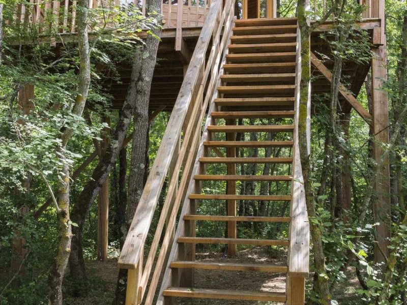 Cabane dans les arbres avec une belle terrasse et un escalier en bois.