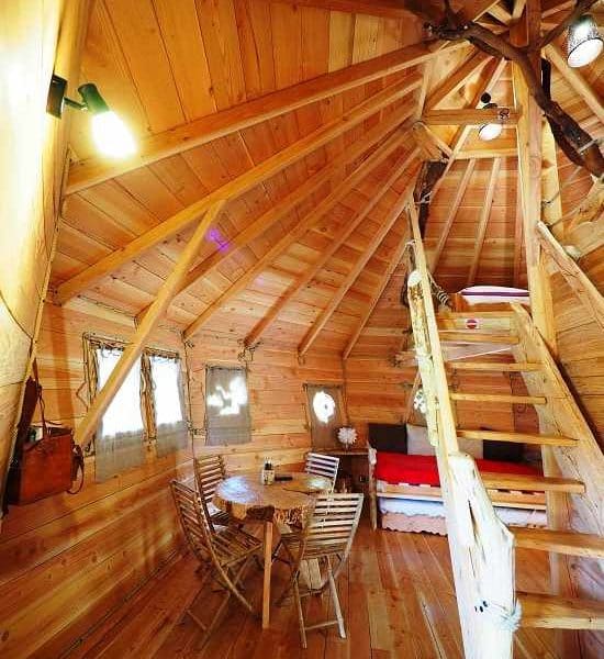Cabane en bois avec intérieur chaleureux, table en bois et escalier en colimaçon.
