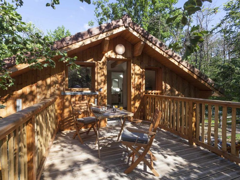 Chalet en bois avec terrasse ensoleillée, entouré darbres verdoyants.