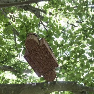 Cabane suspendue en osier, nichée dans les arbres verdoyants dAuvergne-Rhône-Alpes.