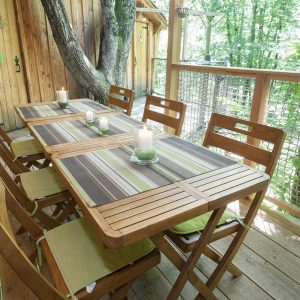 Cabane perchée en bois avec une table en terrasse, entourée darbres verdoyants.