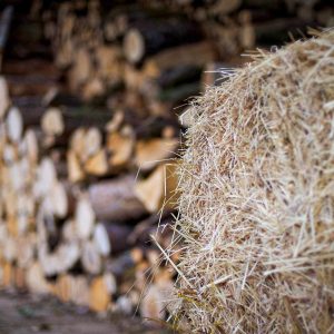 Hébergement insolite en Auvergne-Rhône-Alpes, avec une botte de foin et du bois empilé.