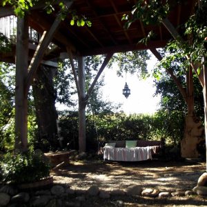 Cabane perchée en Midi-Pyrénées, entourée de verdure et dun coin salon accueillant.