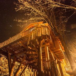 Cabane perchée en Aquitaine, illuminée sous un ciel étoilé.