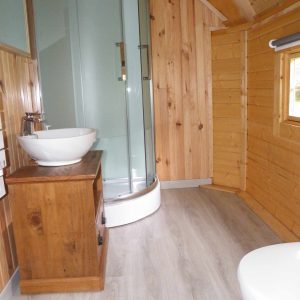 Intérieur dun chalet en bois avec salle de bain moderne et douche vitrée.