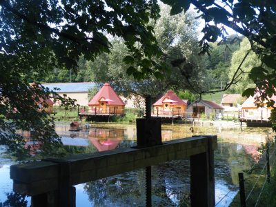 Hébergement insolite en chalets au bord dun étang, entouré de verdure.