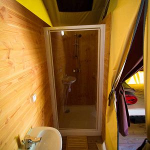 Cabane en bois avec salle de bain moderne et douche, ambiance chaleureuse.