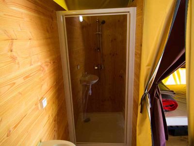 Cabane en bois avec salle de bain moderne et douche, ambiance chaleureuse.