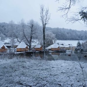 Cabane sur pilotis en Champagne-Ardenne, entourée de neige et dun paysage hivernal.