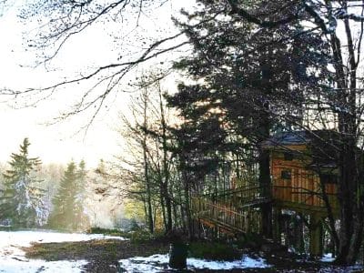 Cabane perchée en bois, entourée de sapins et de neige scintillante en Bourgogne-Franche-Comté.