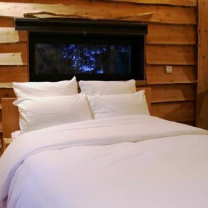 Chalet en bois à Bourgogne-Franche-Comté, lit douillet avec vue sur la nature.