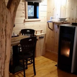 Cabane en bois à Bourgogne-Franche-Comté, avec un coin repas et un poêle à bois.