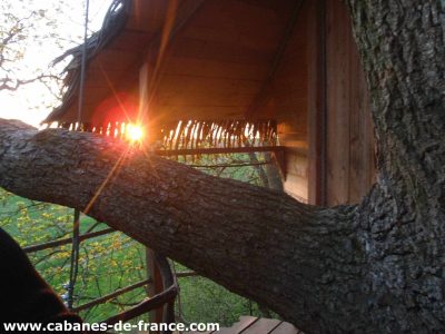Cabane dans les arbres en Haute-Normandie, avec un coucher de soleil lumineux.