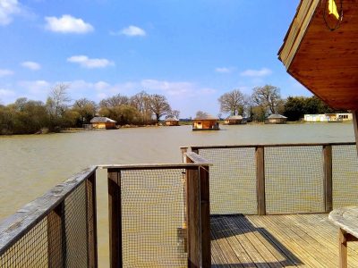 Cabane flottante en Nouvelle-Aquitaine, vue sur un lac paisible et des arbres.