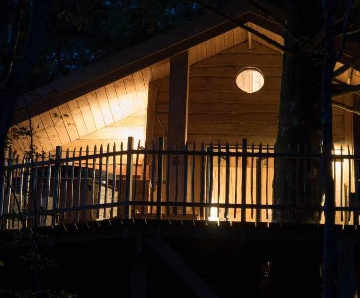 Cabane perchée en bois, illuminée la nuit, offrant une vue sur la nature environnante.