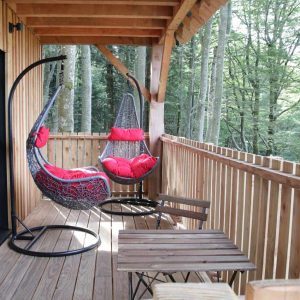 Hébergement insolite en cabane avec balançoires suspendues et vue sur la forêt.
