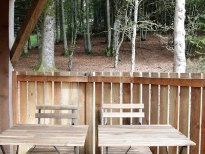 Cabane en bois avec terrasse, entourée de verdure en Bourgogne-Franche-Comté.