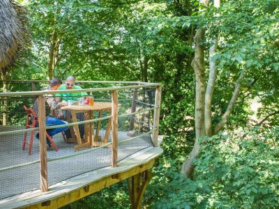 Cabane perchée dans les arbres, avec une terrasse en bois et vue sur la forêt verdoyante.