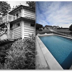 Cabane perchée en bois avec piscine, entourée de verdure à Midi-Pyrénées.