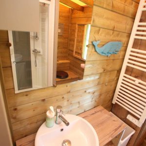 Salle de bain dun hébergement insolite en bois, avec douche et décor marin.