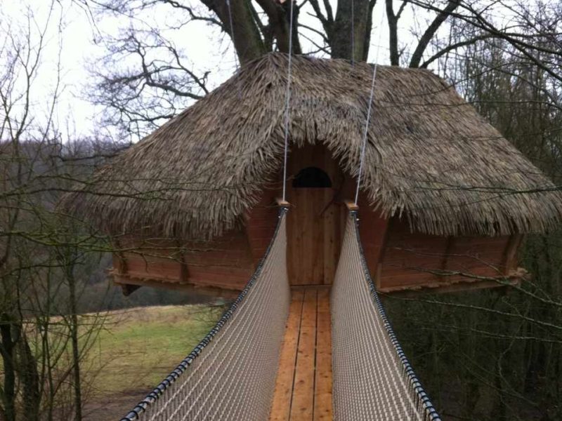 Cabane dans les arbres en Île-de-France, avec un toit de chaume et un pont suspendu.