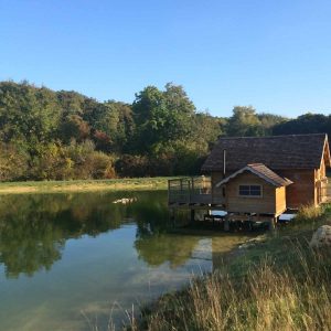 Cabane en bois au bord dun lac, entourée de verdure en Île-de-France.