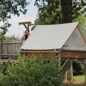 Cabane perchée en bois avec toile, entourée de verdure à Hauts-de-France.