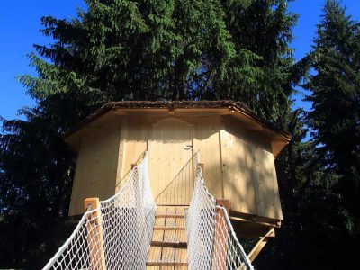 Cabane dans les arbres en Auvergne-Rhône-Alpes, accessible par un pont suspendu.