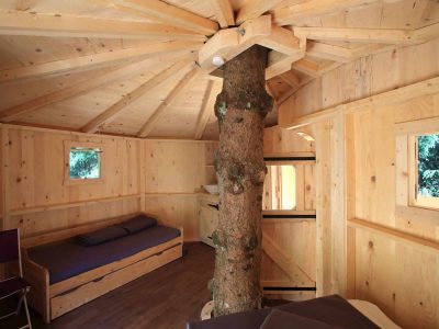 Cabane en bois avec un arbre au centre, offrant un cadre naturel et chaleureux.