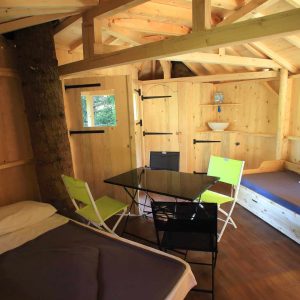 Cabane en bois cosy en Auvergne-Rhône-Alpes, avec un arbre au centre et mobilier moderne.