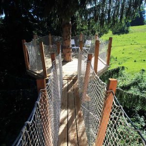 Cabane perchée dans un arbre, avec une passerelle en bois et vue sur la nature environnante.