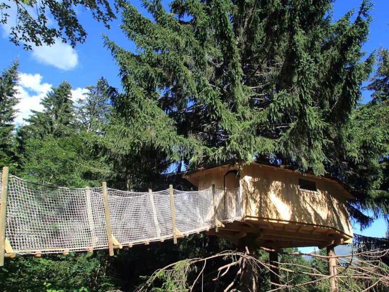 Cabane dans les arbres en Auvergne-Rhône-Alpes, perchée entre les sapins majestueux.
