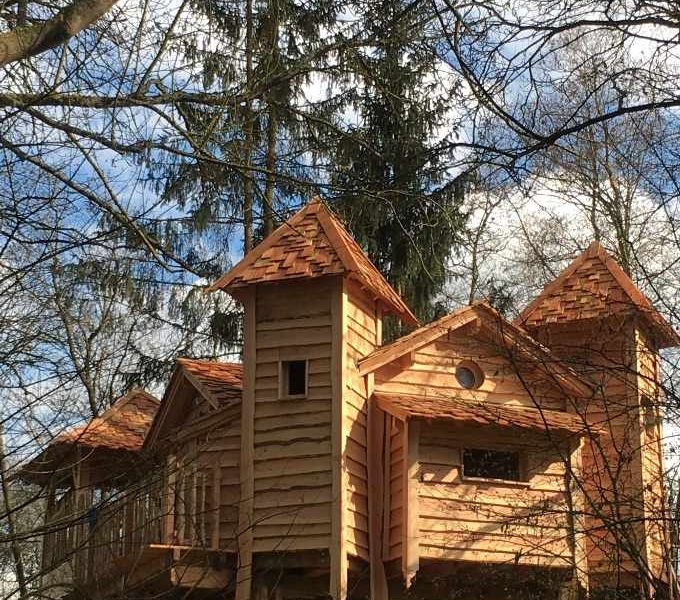 Cabane dans les arbres en bois, perchée parmi les arbres sous un ciel bleu.